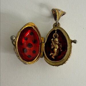 Vintage Ladybug Locket Pendant Gold Tone Rhinestone Enamel w/ Angel Inside
